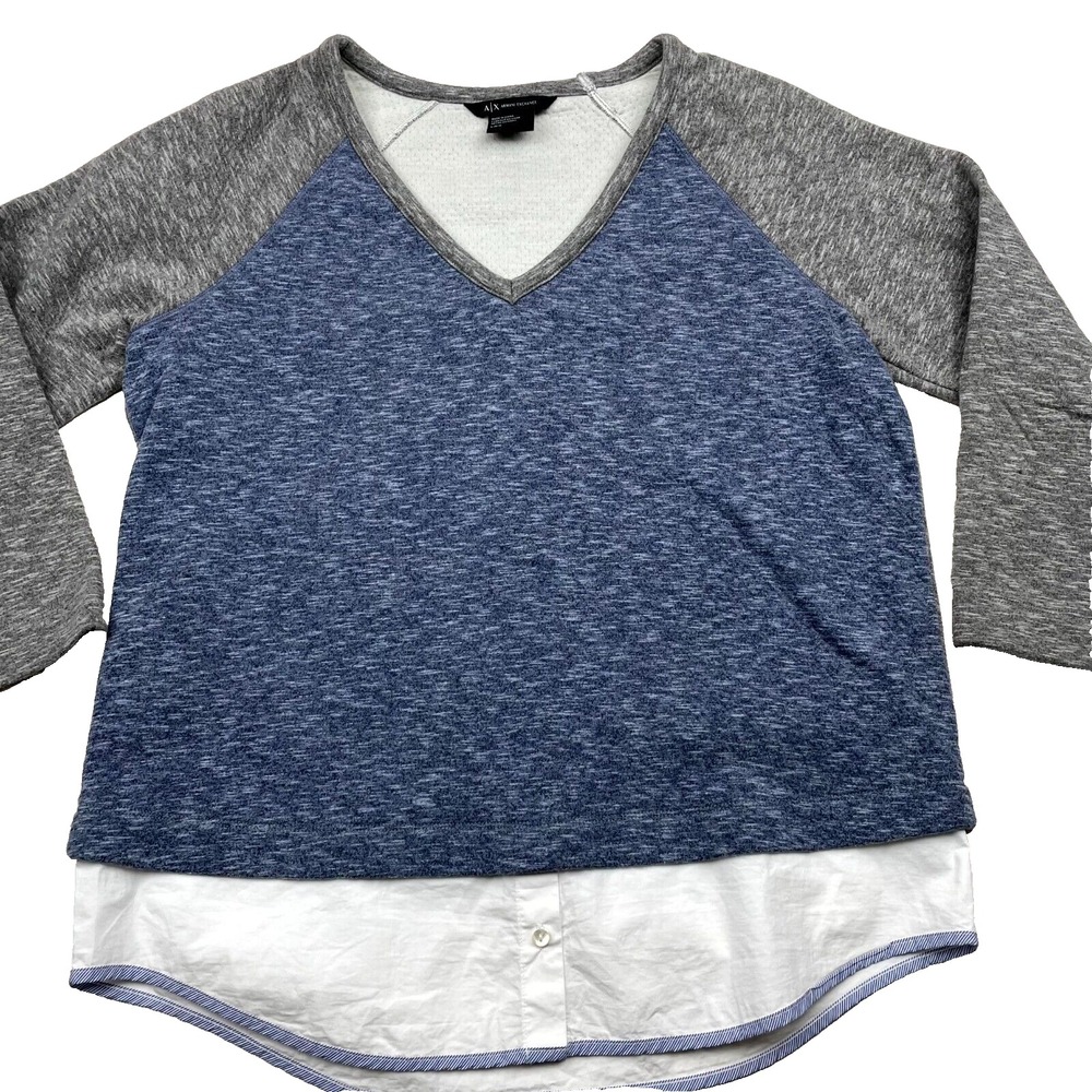 AX Armani Exchange Top Women's L Heather Blue Gray V-Neck Raglan Sleeve